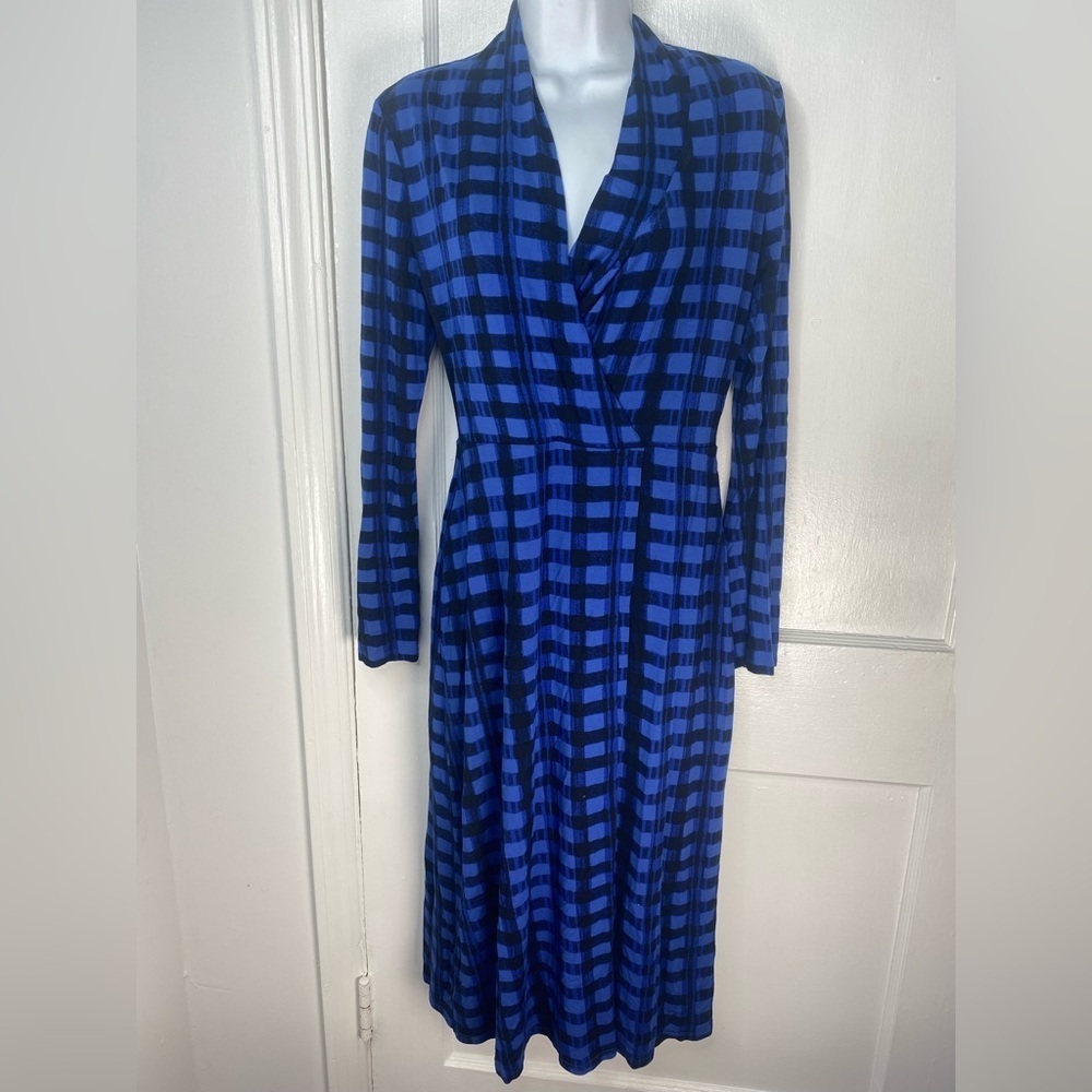 BOSS Ettay Lined Blue & Black Checkered Printed Wrap Dress Missing Belt